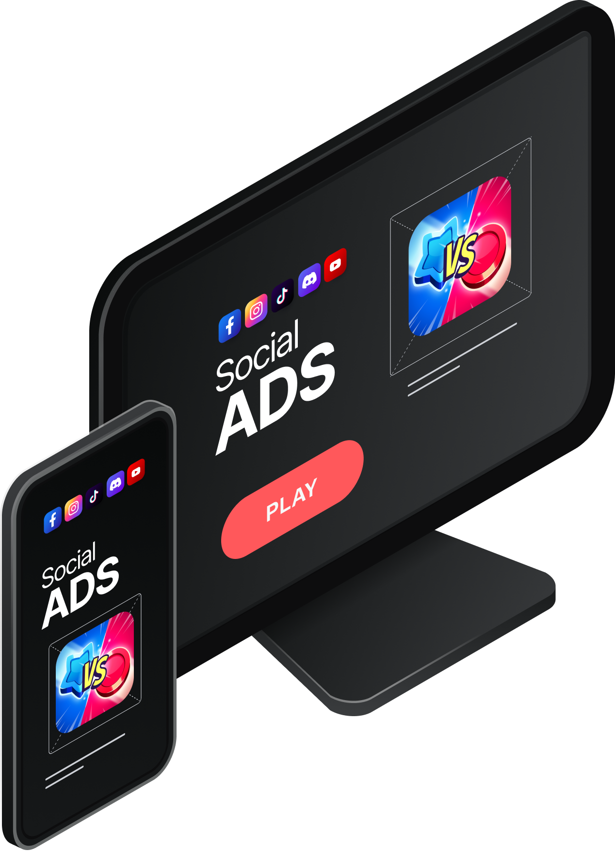 Social ADS interface on computer and mobile screens featuring a red PLAY button and social media logos. (Length: 110 characters — Natural, descriptive, optimized without over-optimization, screen reader-friendly).