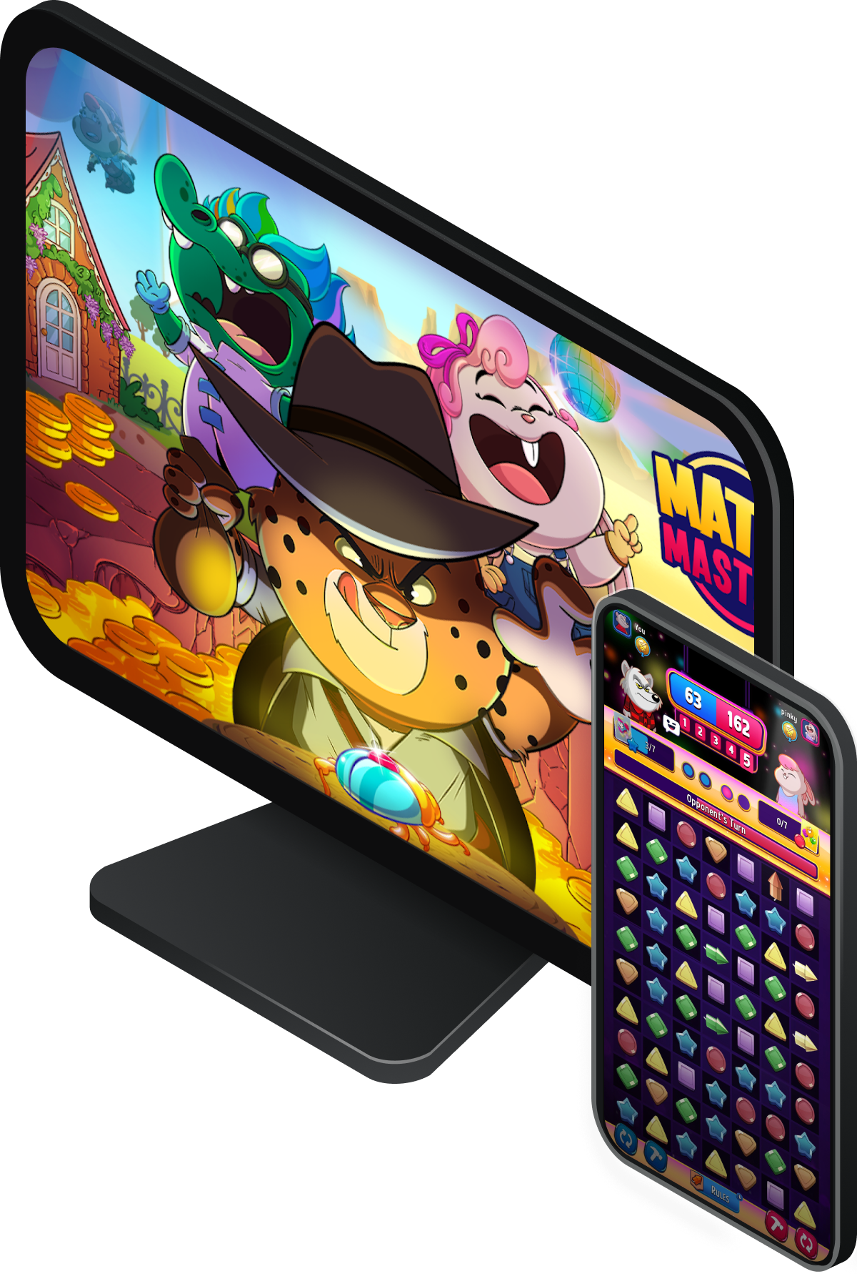 Match Masters screen with cartoon characters and a smartphone displaying a match-3 puzzle game