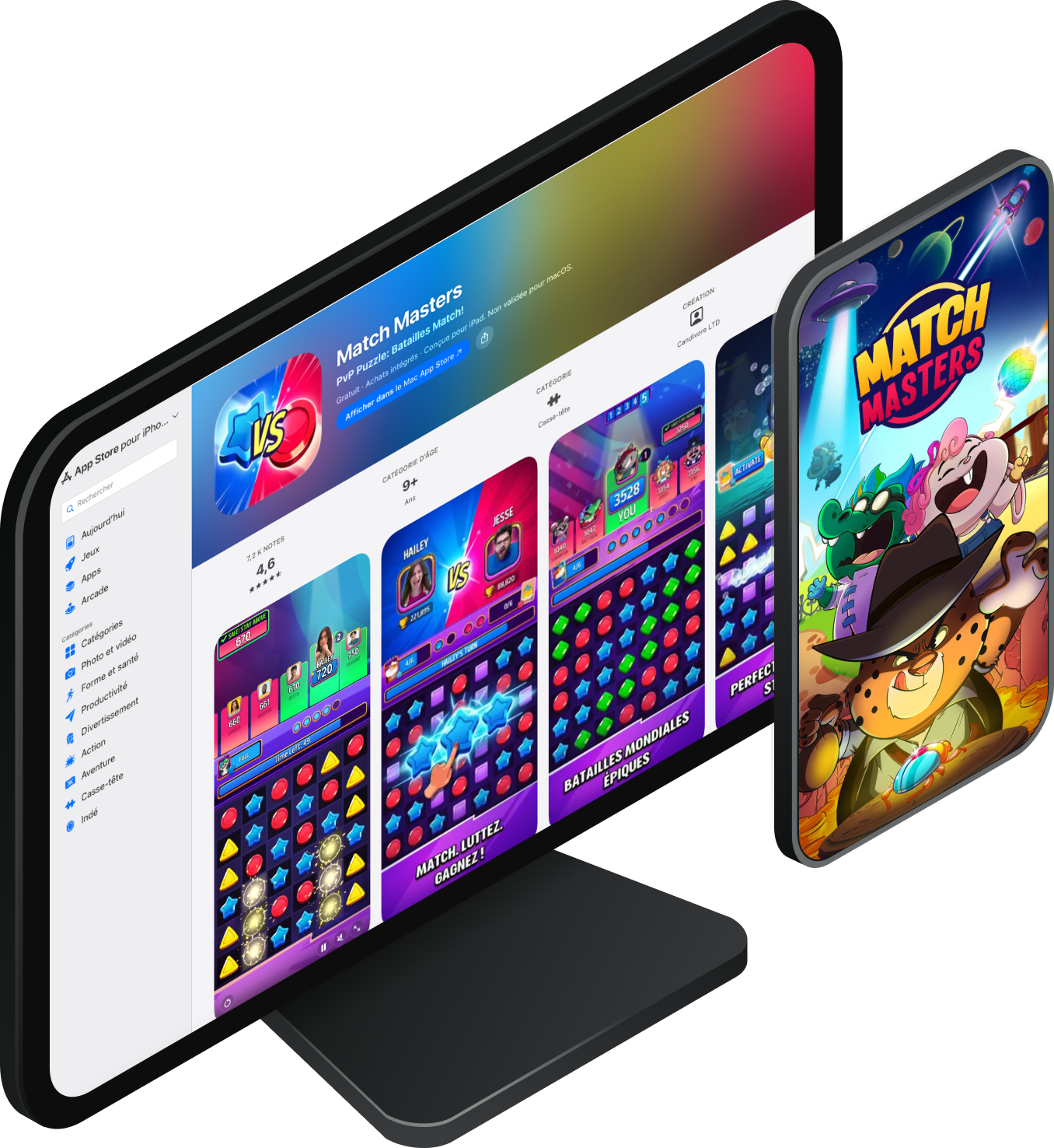 App Store listing for the game Match Masters on a computer screen and a preview of the mobile interface on a smartphone.